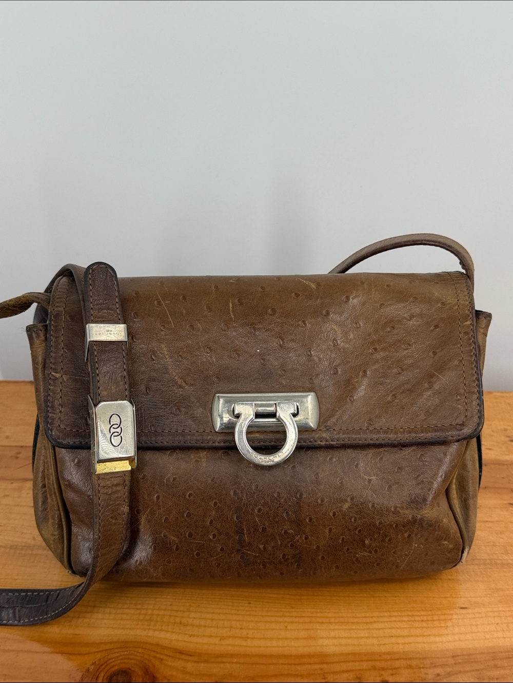 Vintage Pourchet Paris Brown Ostrich Embossed Leather Crossbody Bag France